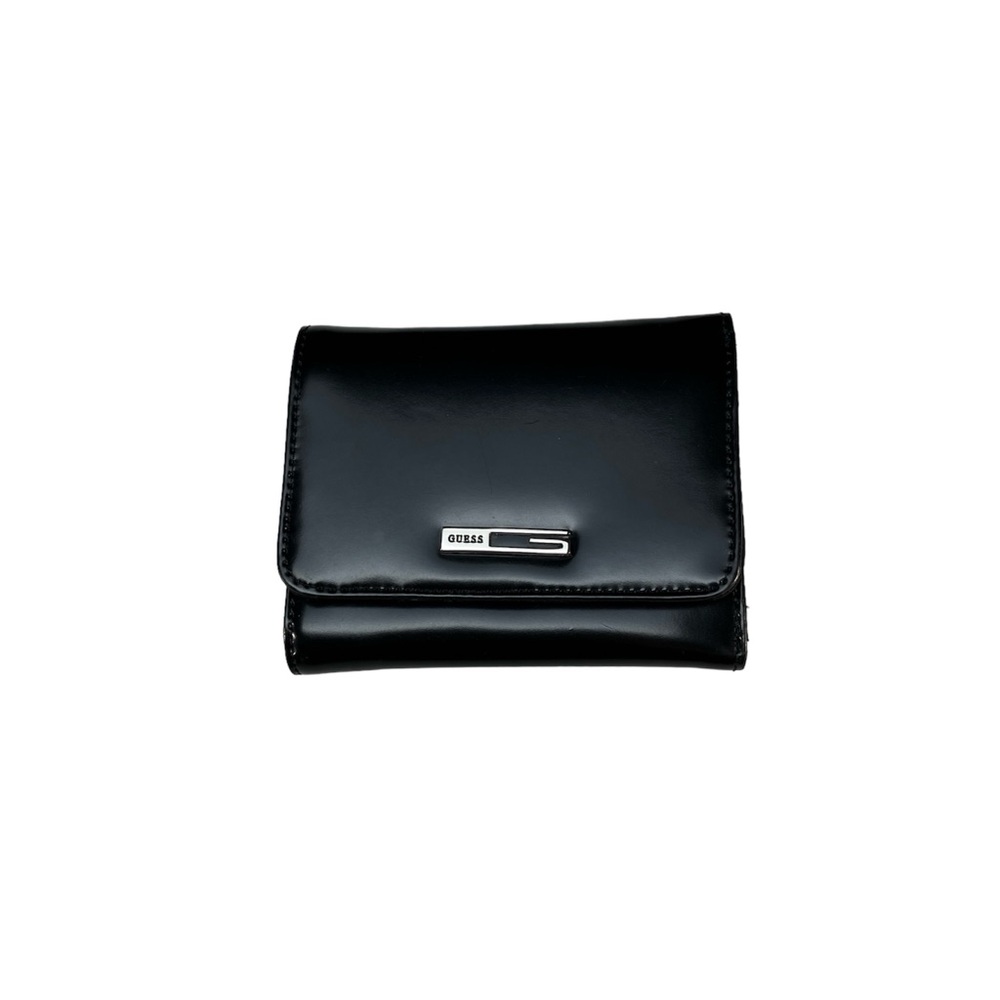 Guess Men's Wallet Trifold Compact with Compartments Shiny Black Silver Used